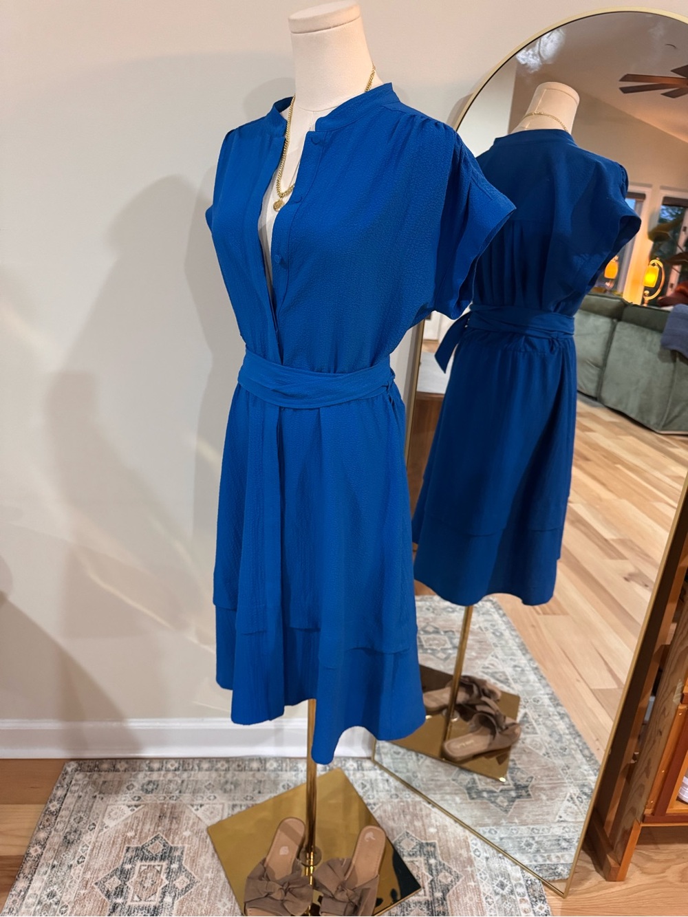 Calvin Klein cobalt blue flutter sleeve belted dress